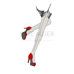 Strümpfe und rote High Heels Grußkarte. Blank 1940er Jahre Pin-up Retro Revival Geburtstag Jahrestag Henne sexy Beine Schuhe Valentinstag Valentinstag