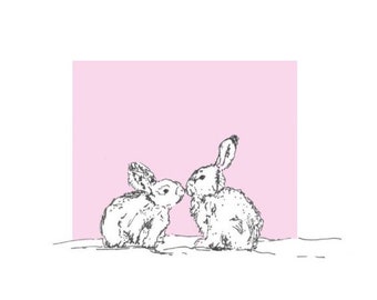 Lapins rose pâle embrassant la carte de vœux. Lapins vierges à l’intérieur de l’anniversaire nouveau bébé baptême douche fille nommant fille naissance fête des mères