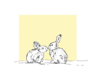 Bébés lapins jaunes embrassant la carte de vœux. Lapin lapin anniversaire nouveau baptême de bébé nom merci blanc genre neutre mère biologique