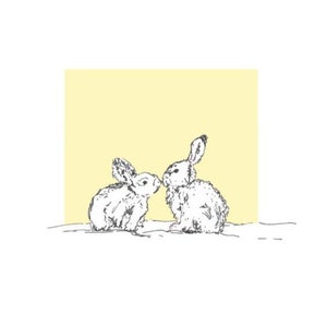 Conejos bebés amarillos besando tarjeta de felicitación. Conejitos conejitos cumpleaños nuevo bautizo bebé bautizo nombre gracias género en blanco neutral madre biológica