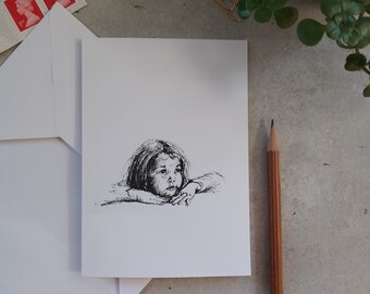 Carte de voeux de portrait de petite fille au regard lointain. Blanc à l'intérieur. Naissance d'un bébé en pensant à vous sympathie merci dessinateur britannique