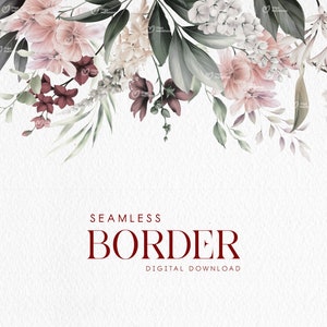 Floral border, Seamless border, Watercolor, Wedding invite card, Digital floral clipart PNG, Digital download PNG