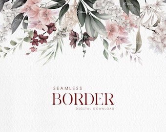 May include: A seamless floral border with pink, white, and burgundy flowers and green leaves. The text "SEAMLESS BORDER DIGITAL DOWNLOAD" is at the bottom of the image.