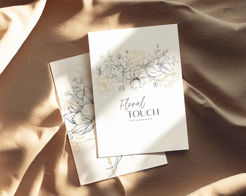 Peut inclure: Un t&eacute;l&eacute;chargement num&eacute;rique d'une illustration florale noire et dor&eacute;e avec le texte "Floral Touch" et "T&eacute;l&eacute;chargement num&eacute;rique".