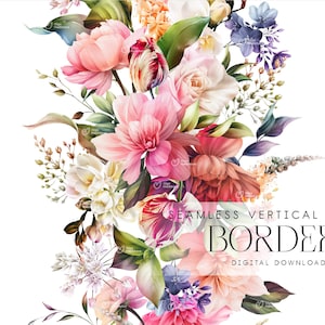 Floraler Rand für Einladungen, Journalseiten, vertikaler Rand, Regenbogen Blumen, Hochzeitseinladungskarte, Clipart PNG, digitaler Download