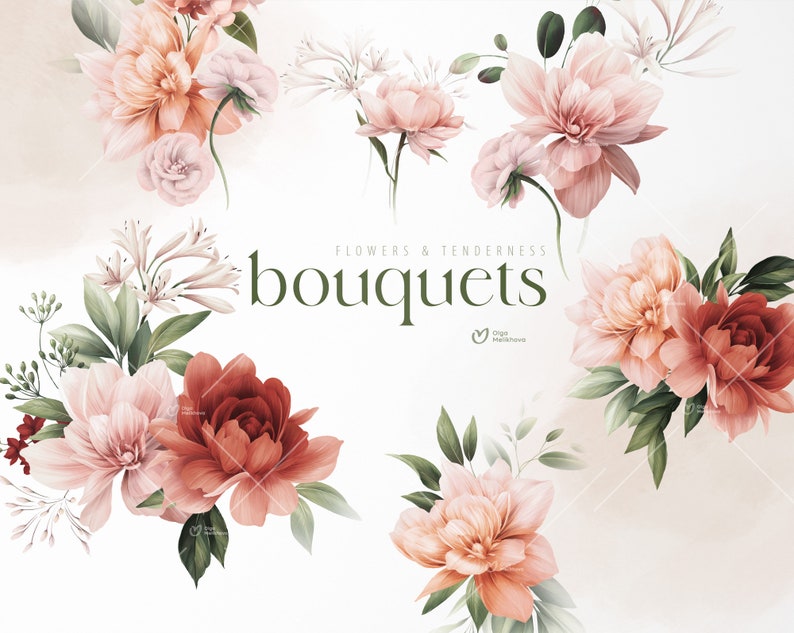 Floral bouquets, Peonies flowers, wedding invitation floral clipart png, digital paper, boho clipart, Digital download image 1