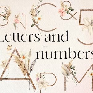 Florales goldenes Alphabet und Zahlen, Buchstabendesign mit Pastellblumen, Hochzeitsalphabet, Monogramme Logo, Digitale Clipart PNG