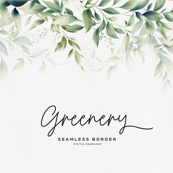 Greenery seamless border, Foliage border, Elegant floral clipart, Wedding frame, Digital floral clipart PNG, Digital download