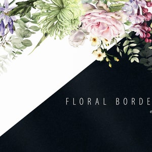 Bloemenrand, aquarelbloemen, rozen en chrysanten, bruiloft uitnodigingskaart, digitale bloemen clipart PNG, digitale download