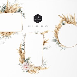 May include: Three digital illustrations of gold frames with pampas grass and greenery. The frames are rectangular, square, and circular. The images are 3000 x 3000 pixels.