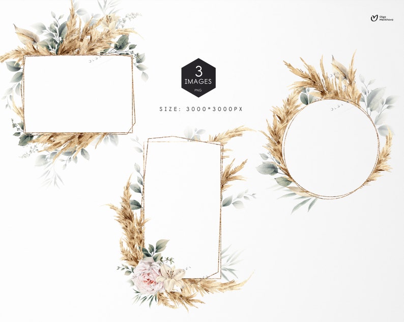 May include: Three digital illustrations of gold frames with pampas grass and greenery. The frames are rectangular, square, and circular. The images are 3000 x 3000 pixels.