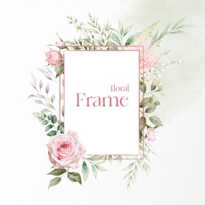 花のフレーム、葉とピンクのバラ、緑、水彩画の花、結婚式の花のクリップアート png、デジタル ダウンロード