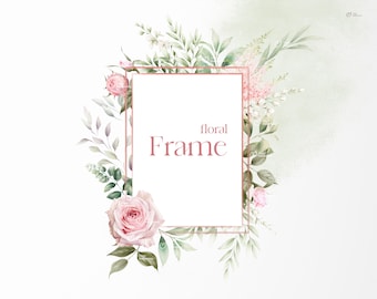 May include: A watercolor floral frame with pink roses and green leaves. The frame is a square with a white background and the text "floral Frame" in the center.