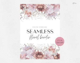 Floral seamless border, Pink flowers, Wedding invite card 5x7, invitation clipart, Digital floral clipart PNG, Digital download