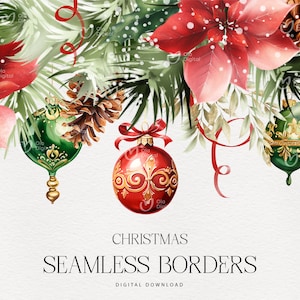 Könnte beinhalten: Ein nahtloses Bordurendesign mit Aquarell-Illustrationen von Weihnachtskugeln, Tannenzweigen, Weihnachtssternen und Schneeflocken. Die Kugeln sind rot, grün und gold mit filigranen Details. Das Design ist perfekt, um festliche Bordüren für Karten, Einladungen und andere Weihnachtsbastelarbeiten zu erstellen.