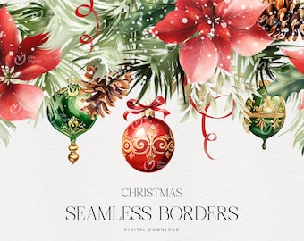 Christmas seamless border, Watercolor Poinsettia flowers, New Year invite card, Christmas greenery, Digital clipart PNG, Digital download