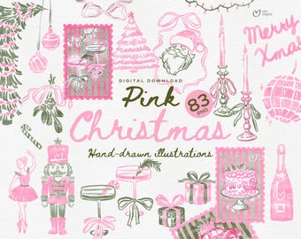 Pink Christmas Clipart PNG, Preppy Christmas Doodle Icons, Girly Holiday Frames Bundle, Whimsical Xmas Scrapbook Elements, Hand Drawn