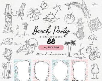 Whimsical Hand Drawn Summer Clipart, Beach Party SVG Bundle, Striped & Swirl Clipart for Wedding, Coastal icons, Canva Invitations clipart
