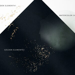 May include: Abstract black and white background with a green watercolor shape and gold glitter accents. The text "GOLDEN ELEMENT #1" and "GOLDEN ELEMENT #2" is visible in the image.