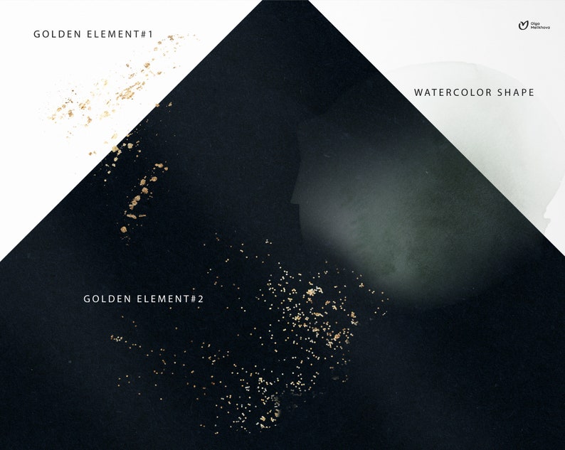 May include: Abstract black and white background with a green watercolor shape and gold glitter accents. The text "GOLDEN ELEMENT #1" and "GOLDEN ELEMENT #2" is visible in the image.