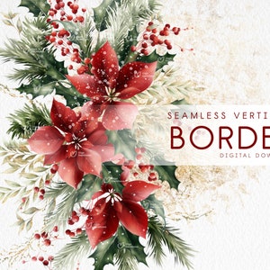 Bordure verticale transparente de Noël, fleurs de poinsettia, carte d'invitation de nouvel an, verdure de Noël, clipart numérique PNG, téléchargement numérique