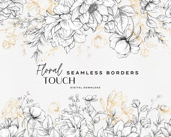 Seamless floral border, Monochrome flowers, Wedding border, Botanical flowers, Clipart flowers, Digital floral clipart PNG, Digital download