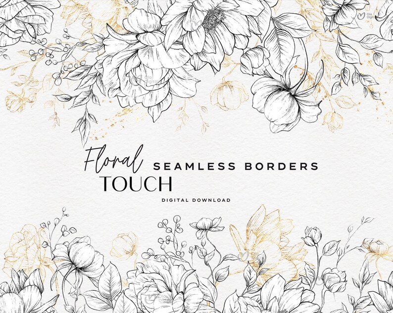 May include: Black and white floral border design with gold accents. The design features delicate flowers and leaves. The text "Floral Touch Seamless Borders" is written in black text on a white background.
