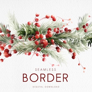 Bordo senza giunte di Natale, rami di abete, bacche di Natale, biglietto di invito per Capodanno, verde natalizio, clipart digitale PNG, download digitale
