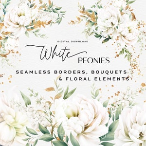 Weiße Pfingstrosen Blumen Clipart, Aquarell Blume, Pfingstrose Rand Clipart PNG, Blumenstrauß, Blumen Digitales Papier, Hochzeit Clipart PNG