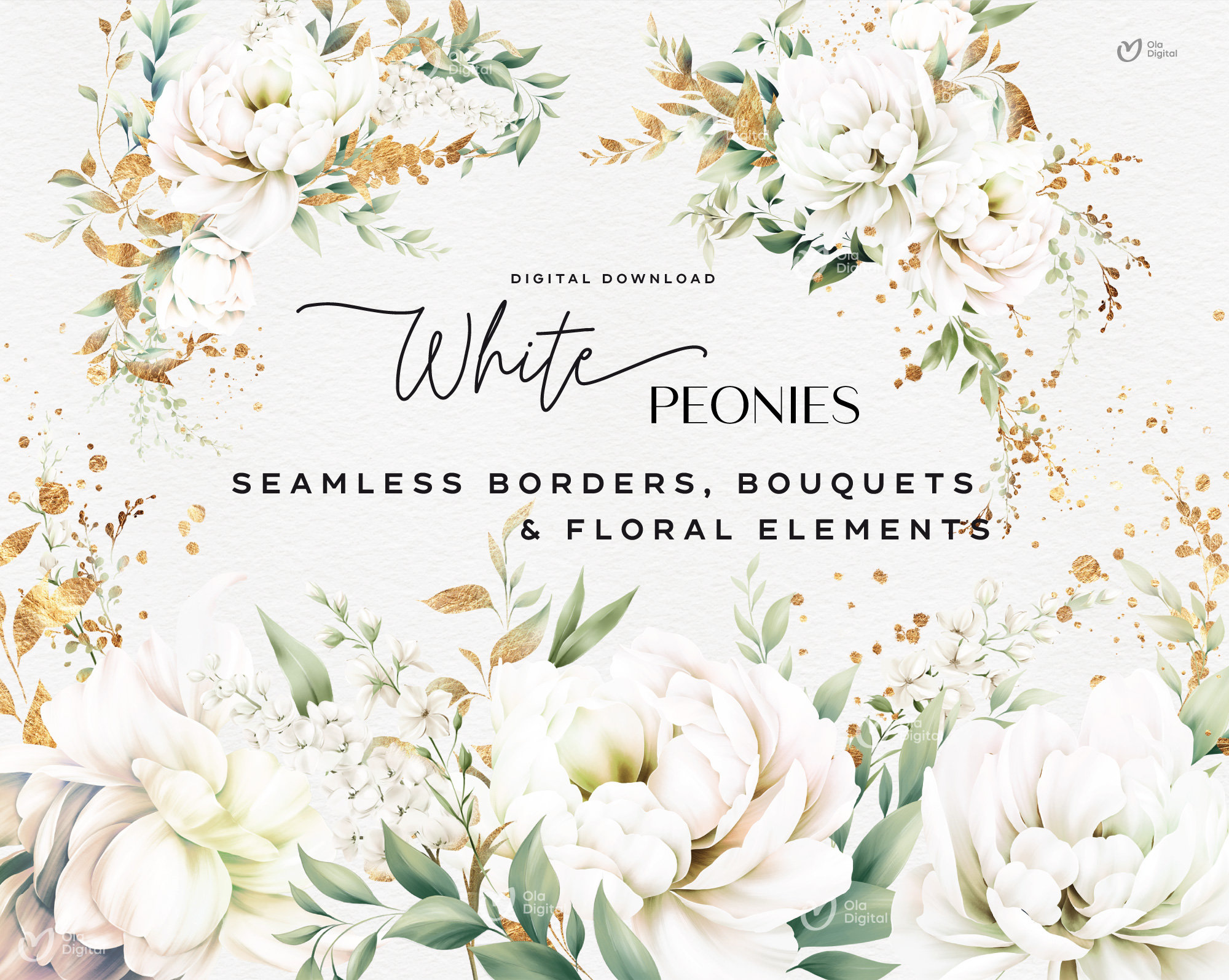 White Peonies Floral Clipart, Watercolor Flower, Peony Border Clipart ...