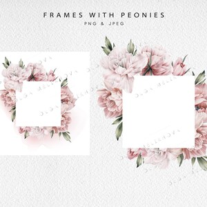 May include: Two square frames with pink peonies and green leaves. The frames are empty and ready for text or images.