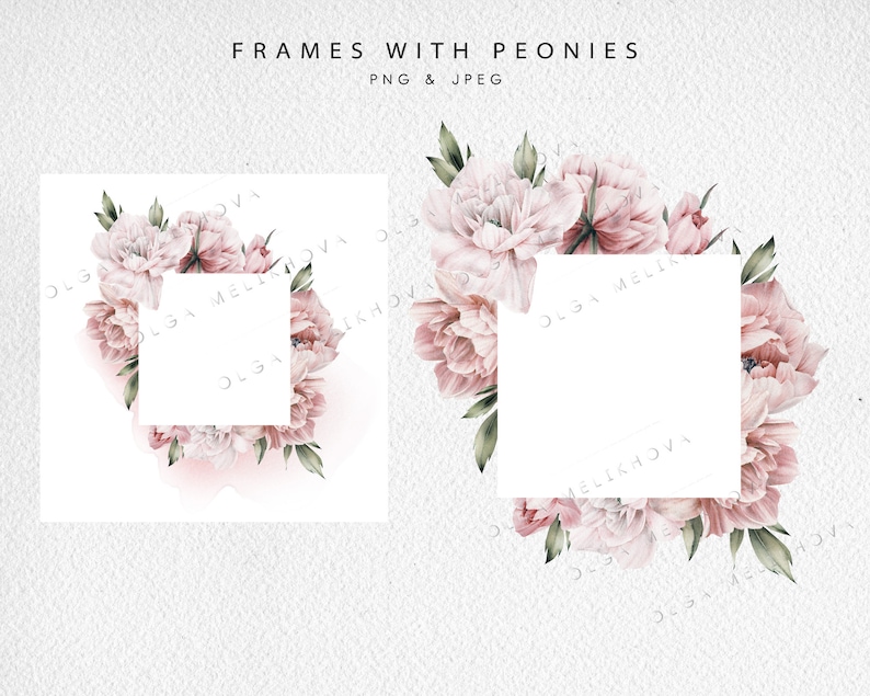 May include: Two square frames with pink peonies and green leaves. The frames are empty and ready for text or images.