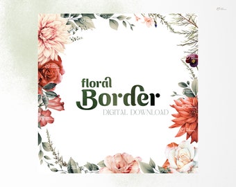 Floral border, Flower frame, Wedding invite card, Garden flowers, Digital floral clipart PNG, Digital download