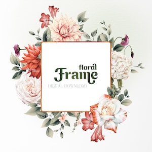 Floral frame, Foliage, pansies and orange roses, Greeting card, Watercolor flowers, Wedding floral clipart png, Digital download