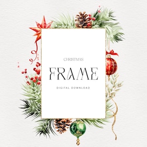 Cadre de Noël, clipart Noël, baies de Noël, carte d'invitation de nouvel an, verdure de Noël, clipart numérique PNG, téléchargement numérique