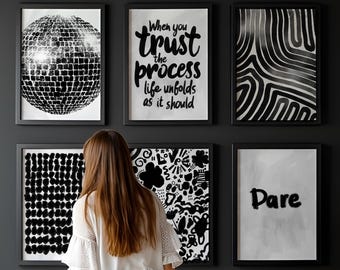Moody Modern Minimalist Abstract Prints, Set of 6 Black and White Gallery Wall Prints, Motivational Quote Poster, Dark Aesthetic Wall Decor