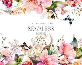 May include: A seamless floral border with pink, white, and peach flowers, green leaves, and a butterfly. The text "DIGITAL DOWNLOAD SEAMLESS BORDER" is in the center of the image.