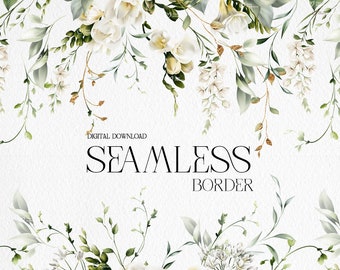 Floral seamless border, White flowers, Floral frame, Wedding invite card, Freesia border, Digital floral clipart PNG, Digital download