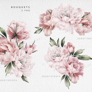 May include: Three watercolor illustrations of pink and green bouquets of peonies. The bouquets are arranged in a semi-circle shape. The text "BOUQUETS 3 PNG" is at the top of the image.