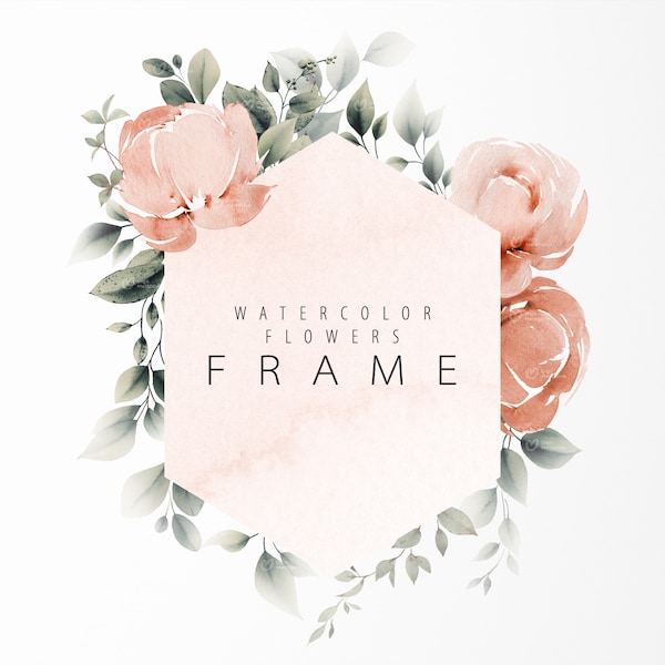 Floral frame, Watercolor roses and greenery, Wedding invite card, Digital floral clipart PNG, Digital download
