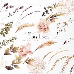 Conjunto floral de otoño, clipart floral de otoño, hojas secas PNG
