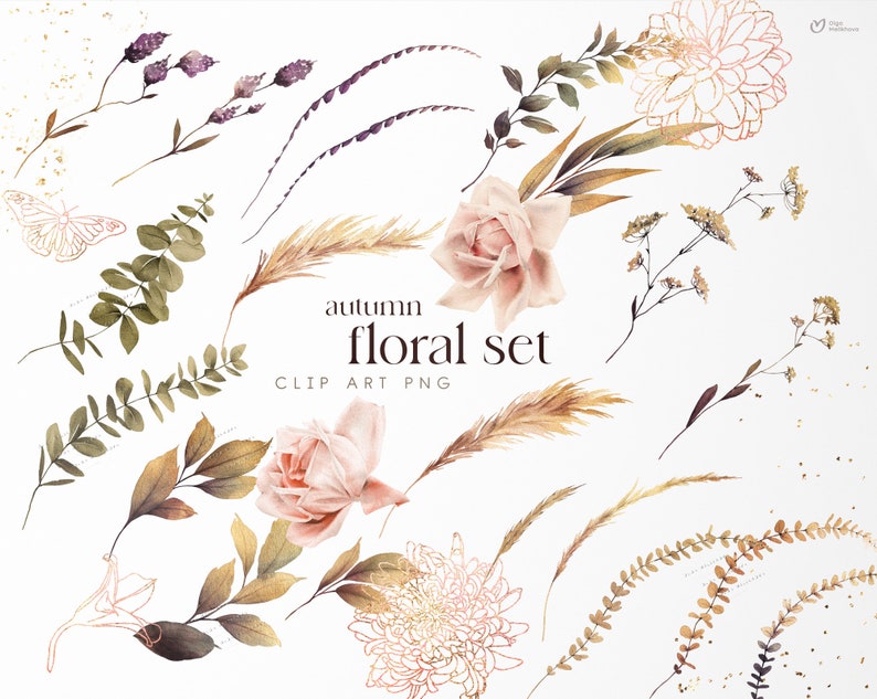 May include: A set of watercolor illustrations featuring autumn floral elements. The set includes roses, eucalyptus, pampas grass, lavender, and other botanicals in shades of pink, brown, and gold. The text "autumn floral set clip art png" is included in the image.