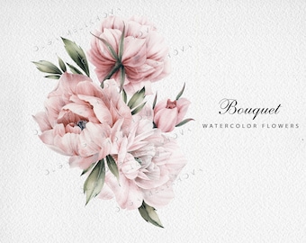 Watercolor floral Bouquet, Watercolor peonies,  Pink Blush Floral Clipart, Digital Instant Download Clip Art PNG
