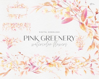 Pink greenery, floral bundle, Border-frames, Wedding invite card, Bouquets, Digital floral clipart PNG, Digital clipart PNG