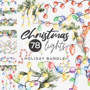 Clipart de lumières de Noël 2025, illustrations de Noël, lot de Noël, guirlande lumineuse, conception de cartes de vœux, téléchargement numérique, clipart PNG