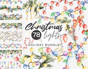 Kerstverlichting clipart, kerstillustraties, kerstbundel, gloeiende slinger, kerstkaartontwerp, digitale download, clipart png