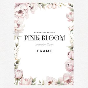 Cadre floral, pivoines roses, carte de voeux 10 * 14 po, aquarelle de fleurs, mariage floral clipart png, téléchargement numérique PNG