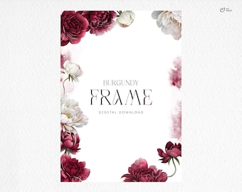 Floral frame for invitations, journal pages, watercolor burgundy peonies, floral clipart png, Instant download PNG