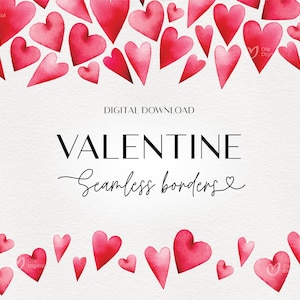 Bordes sin costuras del Día de San Valentín en acuarela, Corazones tiernos, Marco de borde, Tarjeta de invitación de boda, Imágenes prediseñadas digitales PNG