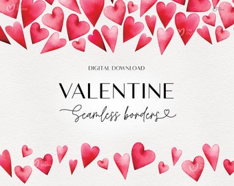 Bordes sin costuras del Día de San Valentín en acuarela, Corazones tiernos, Marco de borde, Tarjeta de invitación de boda, Imágenes prediseñadas digitales PNG